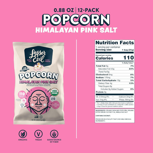 0.46 Oz, Pack 24 LesserEvil Himalayan Pink Salt Organic Popcorn, Premium Quality, Minimally Processed, No Vegetable