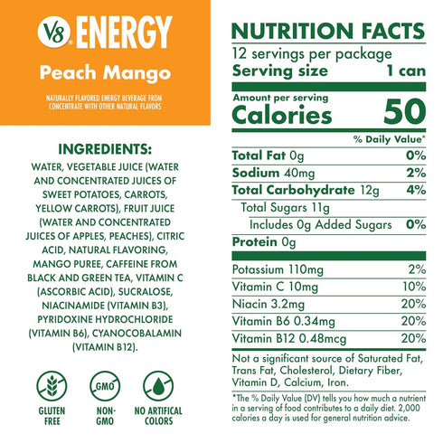 V8 8 oz (12 Pack) Energy Peach Mango Energy Drink, fl Can