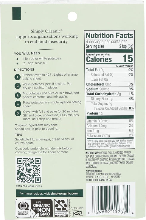 0.71 oz Simply Organic Garlic & Herb Vegetable Seasoning Mix, Certified Organic, Vegan |