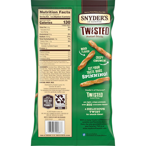 12 Oz Snyder's of Hanover, Sour Cream & Onion Twisted Pretzel Sticks, Bag