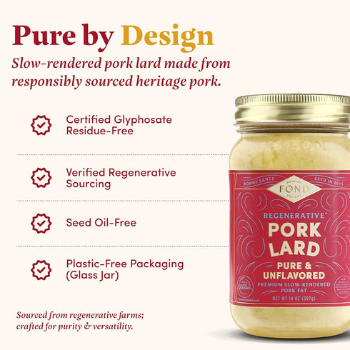 100% 14oz FOND Regenerative Pork Lard for Cooking and Baking Pure & Unflavored Rendered Lard, ShelfStable
