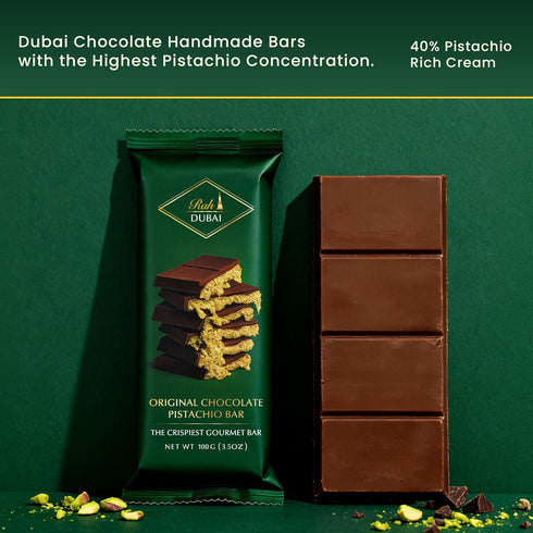 3.5oz 100g, Rah Dubai Chocolate Bar Pistachio, - Gourmet Chocolate Bar | Dubai Chocolate Bar Pistachio | Loaded