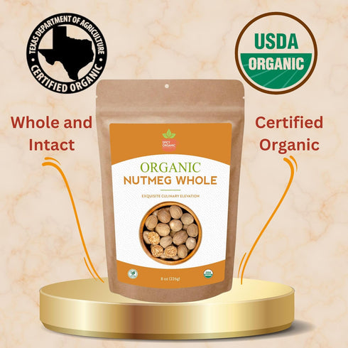 SPICY ORGANIC Ceylon Nutmeg Whole - 8 oz (40-50 nuts) - Certified USDA Organic Fresh Whole Nutmeg Spice