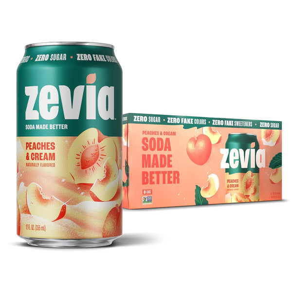 Zevia Zero Sugar Soda, Peaches and Cream, 12 oz Cans (8-Pack) Caffeine