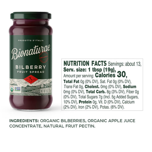 Bilberry 9 Oz Bionaturae Organic Fruit Spread - Jelly Organic, Non-GMO, USDA Certified, No Sugar Added, No