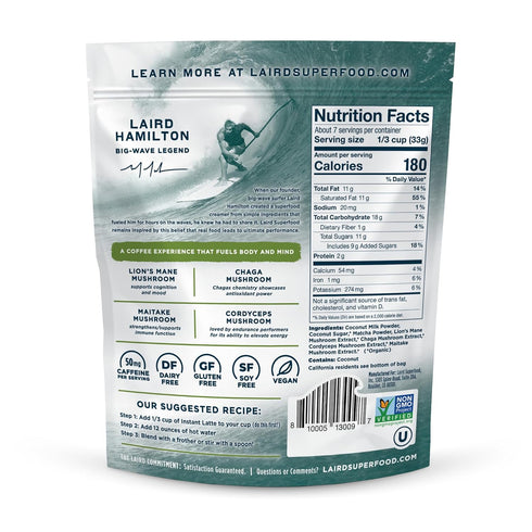 Laird Superfood Matcha Instant Latte - Green Tea Powder with Adaptogens, Packed with Antioxidants and Superfood Coconut