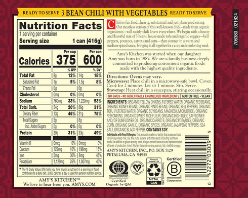 3 14.7 Oz, Pack 12 Amy's Organic Bean Vegetables Chili