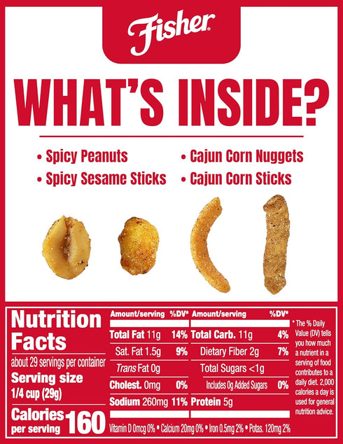 29.5 oz (Pack 4), Fisher Snack Spicy Cajun Trail Mix, of Resealable Jar, Bold & Crunchy Snack Mix with Peanuts, Corn