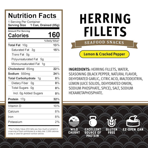 3.53 Oz (Pack 12) 15g Brunswick Herring Fillets in Lemon & Cracked Pepper, of - Protein per Serving - Gluten Free, Keto