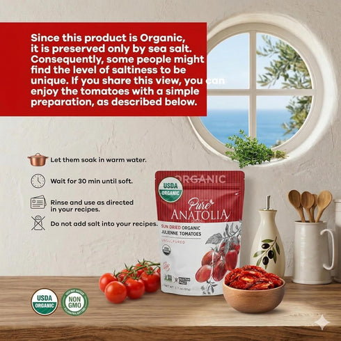 Packed, 3.17 oz Pure Anatolia Organic Sun-Dried Tomatoes Julienne Cut Dry No Oil Added, Unsulfured, No Preservatives