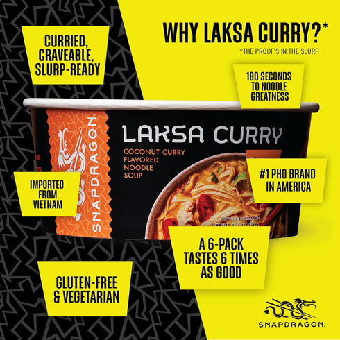 2.1 oz (6 Pack) Snapdragon Laksa Curry Instant Noodle Bowls | Coconut Curry Flavor with Rice Noodles | Gluten-Free | No