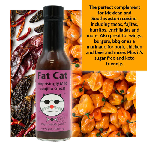 6 Pack Surprisingly Mild Guajillo Ghost Tex-Mex Hot Sauce and Marinade by Fat Cat Gourmet - Savory Smoky Flavor - Mild