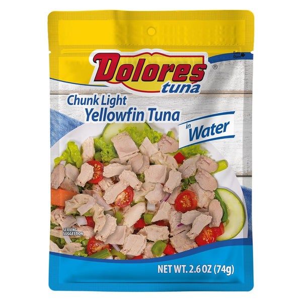 Dolores Chunk Light Yellowfin Tuna in Water, 2.6 oz Pouch Ready-to-Eat Tuna,