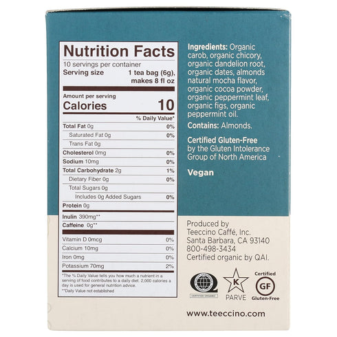 Teeccino Dandelion Mocha Mint Tea - Caffeine Free Herbal Tea with Prebiotics, 10 Tea Bags