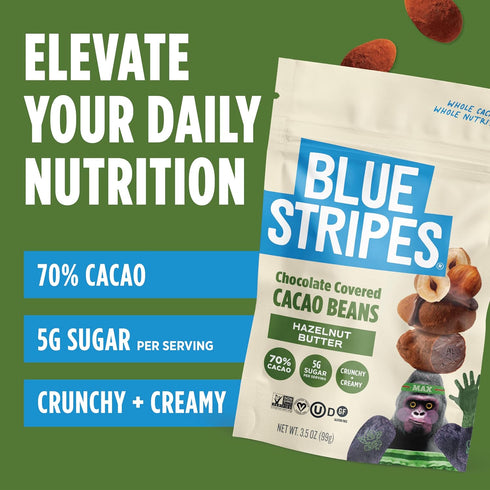 70% 5g 3.5 OZ Blue Stripes - Chocolate Covered Cacao Beans, Hazelnut Butter, Cacao, No Refined Sugar, Gluten Free