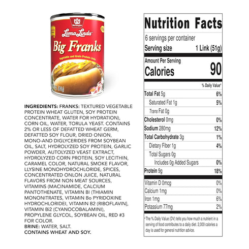 (15 oz.) (Pack 6) Loma Linda - Plant-Based - Big Franks