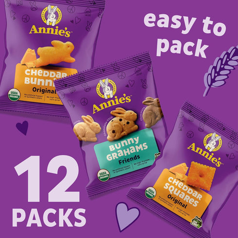 Pack, 12 11 oz Annie's Organic Variety Cheddar Bunnies, Bunny Grahams and Cheddar Squares, Pouches