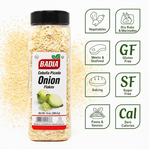 14 oz Badia Onion Flakes, - All Purpose Dried Onion for Soups, Stews, Sauces, Meats, Vegetables, and Everyday Recipes
