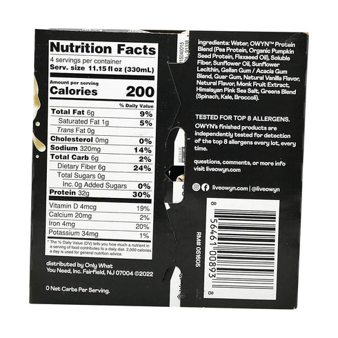 4pk, 11.15 OWYN Vanilla Elite Plant Protein Shake FZ