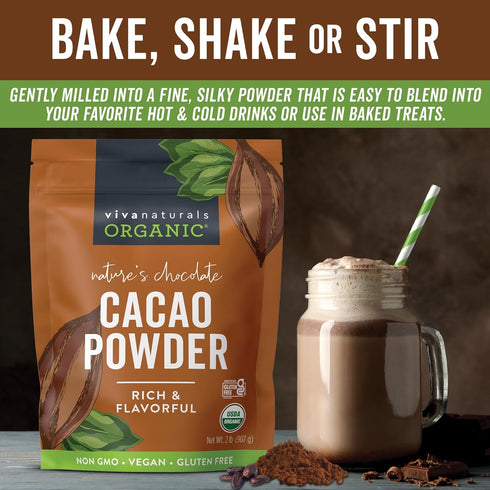 Viva Naturals 2lb Organic Cacao Powder, Unsweetened Cocoa Powder for Baking & Smoothies