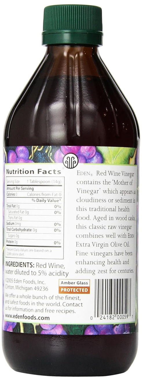 16 oz, Eden Organic Red Wine Vinegar, fl Raw, Amber Glass