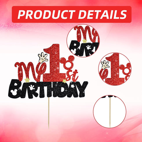 BEISHIDA Boys Mouse Cake Toppers, Mouse Birthday Party Decorations for My 1st Birthday Red and Black Supplies for Kids