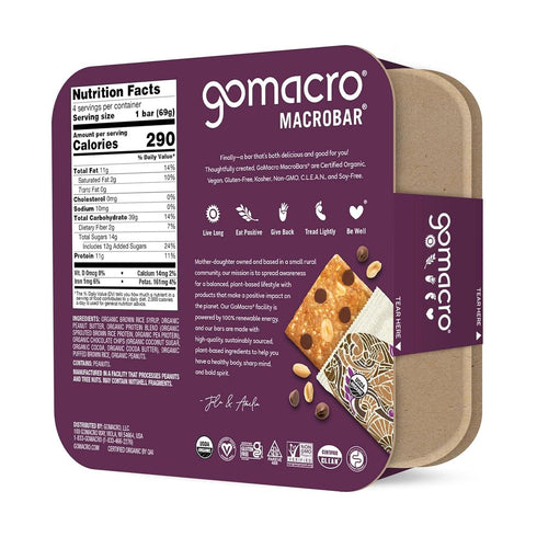 4 Count, 2.4 OZ GOMACRO Organic Peanut Butter Chocolate Chip Bars