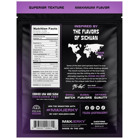 27.5 2.5 OZ (4 Pack) MaxJerky Sichuan Chili Crisp Chicken Jerky, Grams of Protein
