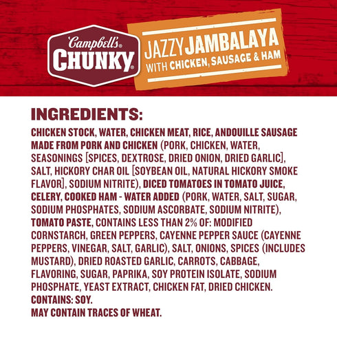 18.6 oz (Pack 12) Campbells Chunky Soup, Jazzy Jambalaya with Chicken, Sausage and Ham Soup, Can