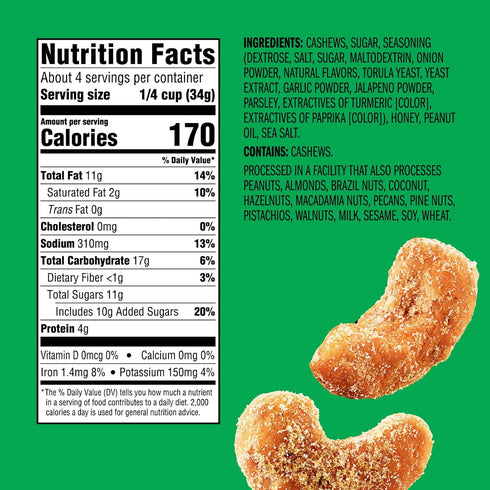 (1-Pack) 5oz Emerald Nuts Hot Honey Cashews | Resealable Bag | Kosher Dairy Certified, Non-GMO, Contains No Artificial