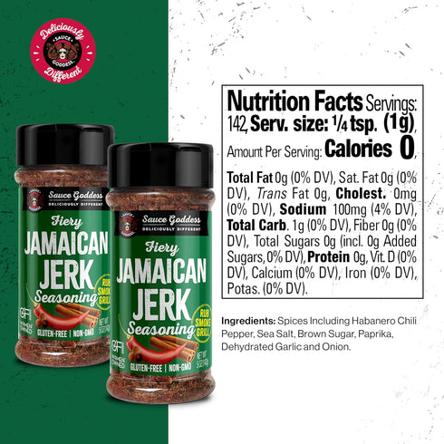 Sauce Goddess Fiery Jamaican Jerk Spice Shaker, 2-Pack Seasonings for Chicken, Pork, Seafood & More