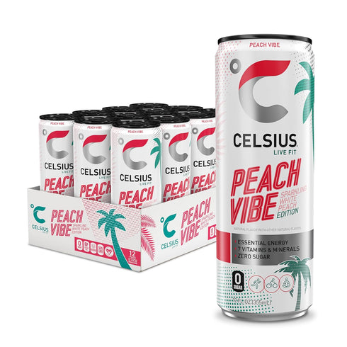 CELSIUS PEACH VIBE Sparkling White Peach, Sugar Free Energy Drink, 12 Fl
