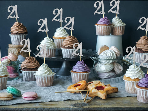 Sumerk 24PCS Silver Glitter Cupcake Toppers, 21st Birthday Cupcake Picks for Anniversary Party Decorations