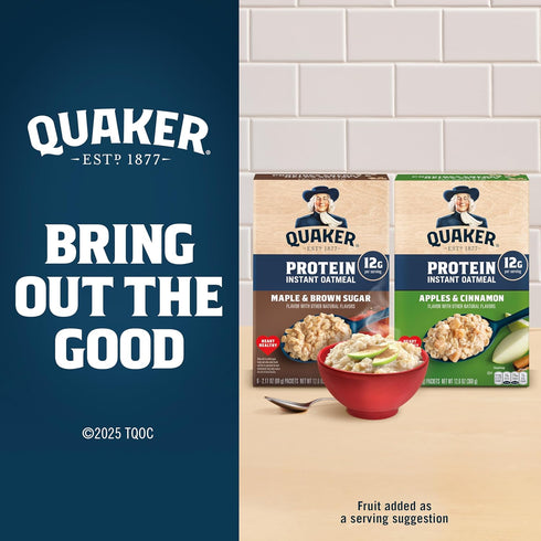 12g 2.11 oz Packets, (6 Pack) Quaker Protein Instant Oatmeal, Maple Brown Sugar, Protein per Serving, Whole Grains, No