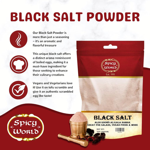 Spicy World 7 Oz Black Salt Powder (Kala Namak Mineral) - Vegan, Pure, Unrefined, Non-GMO & Natural - Perfect for Tofu