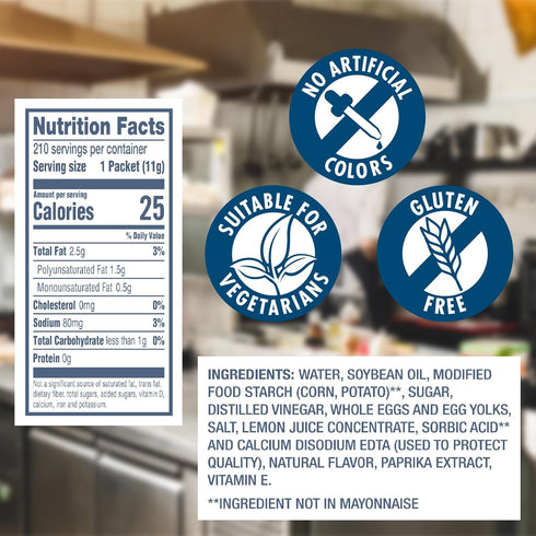 HELLMANN'S Packets 100% 0.38 oz, Pack 210 Light Mayonnaise Stick Easy Open, Condiment for Sandwiches, Salads, Mayo Made