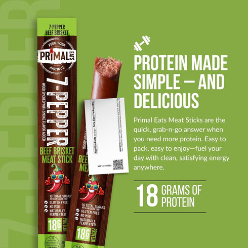 7-Pepper 100% 3oz 10-Pack 18g Primal Eats Beef Brisket Meat Sticks, - Lean Meat Protein Keto, Paleo, Carnivore, Gluten