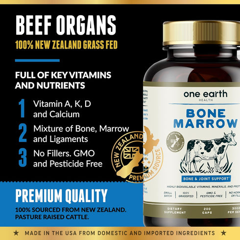 (200 Count) One Earth Health Grass Fed Beef Bone Marrow Supplement Bone, Cartilage and Marrow. New Zealand Sourced.