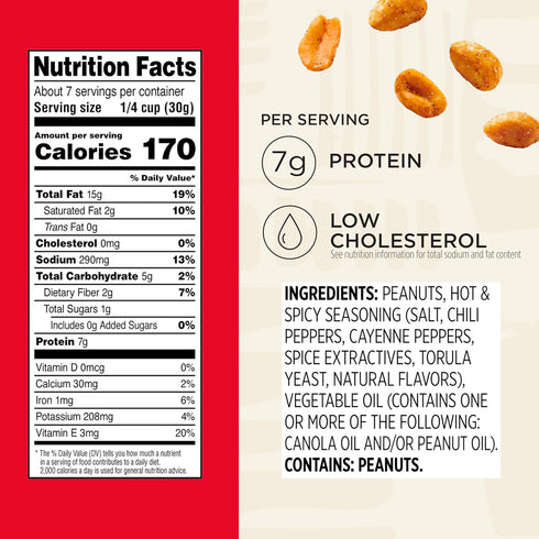 7.5 oz 6 Pack Snak Club Hot and Spicy Peanuts, Chili and Cayenne Pepper Seasoned Nuts, Gluten-Free and Kosher Snack