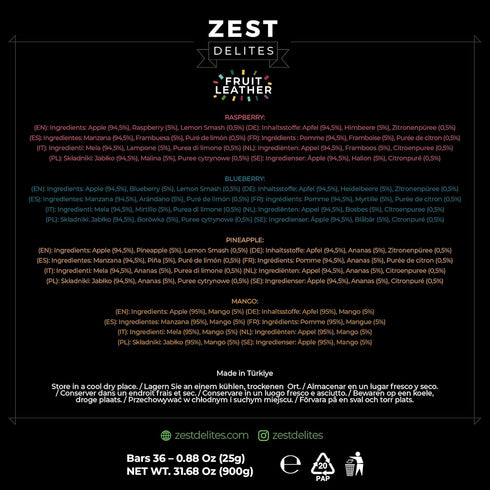 0.88 oz 36 Fruit Snacks by Zest Delites, Fruit Leather Bars, Healthy Snacks for Adults & Kids, Vegan, Dried Apple-Based
