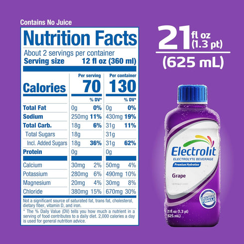 21 Oz (Pack 12) Electrolit, Electrolyte Beverage, Grape, Fl bottle