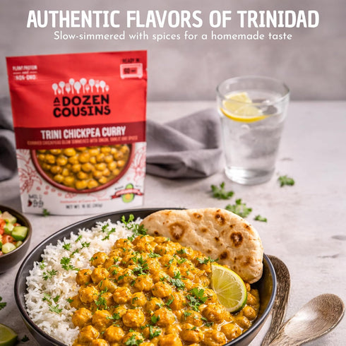 Dozen 6pk, A Cousins Vegan Chickpea Curry Seasoned Healthy Microwave Curry Chickpeas in Avocado Oil, Ready to Eat