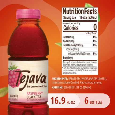 6 Pack 16.9 oz Tejava Raspberry Black Tea, PET, Unsweetened, Ready-to-Drink Premium Iced Tea