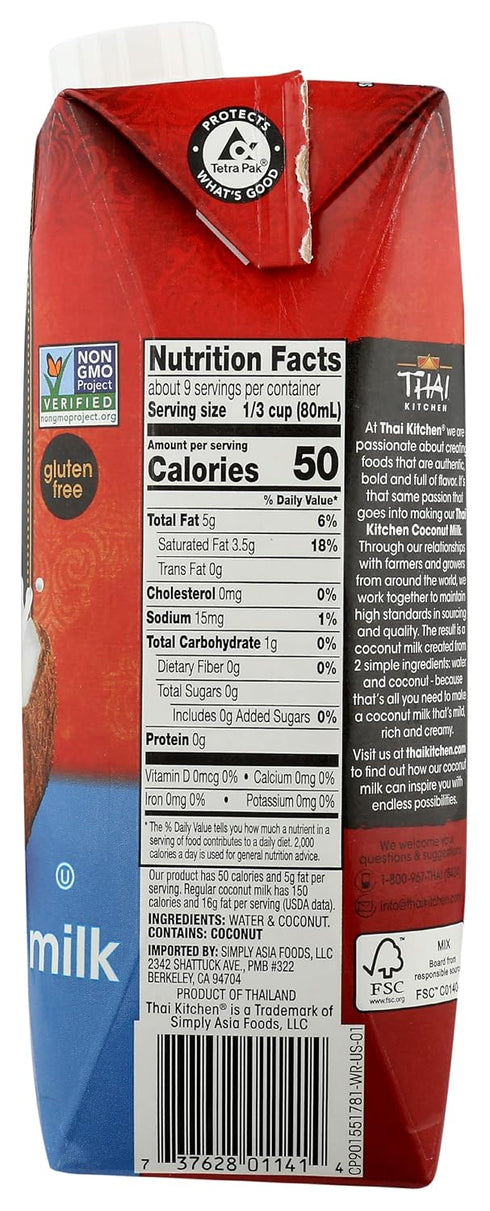 2 25.36 (Pack 6) Thai Kitchen Lite Coconut Milk, Unsweetened, Simple Ingredients, Kosher, Gluten Free & Non-GMO, Fluid