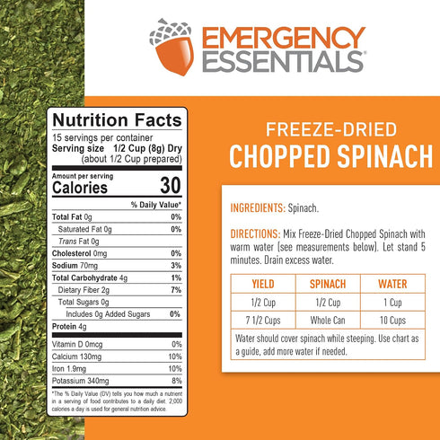 #10 15 Emergency Essentials Freeze-Dried Chopped Spinach | Real Spinach for Everyday Cooking & Long-Term Food Storage |