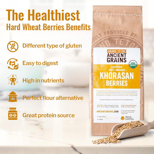 100% 5 lbs Grand Teton - Ancient Grains Khorasan Wheat Berries, Organic Berries, Premium Food-Grade Khorasan Grain