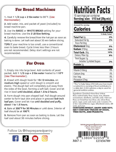 Pack; The Prepared Pantry New York Dill Rye Gourmet Bread Mix; Single For Bread Machine or Oven