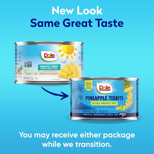 100% 8 Oz, Packaging Dole Canned Fruit, Pineapple Tidbits in Pineapple Juice, Gluten Free, Pantry Staples, May Vary