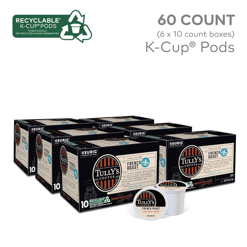 60 Count, (6 Packs 10) Tully's Coffee French Roast, Keurig Single Serve K-Cup Pods, Dark Roast Coffee
