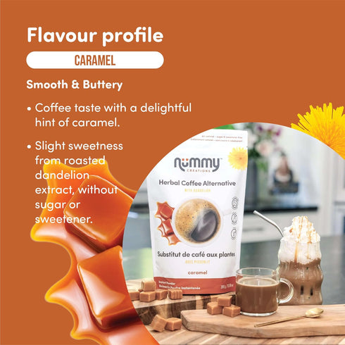 Nummy 150 10.6oz Creations cup Caramel Instant Caffeine-Free Coffee Alternative with Dandelion. Coffee Substitute